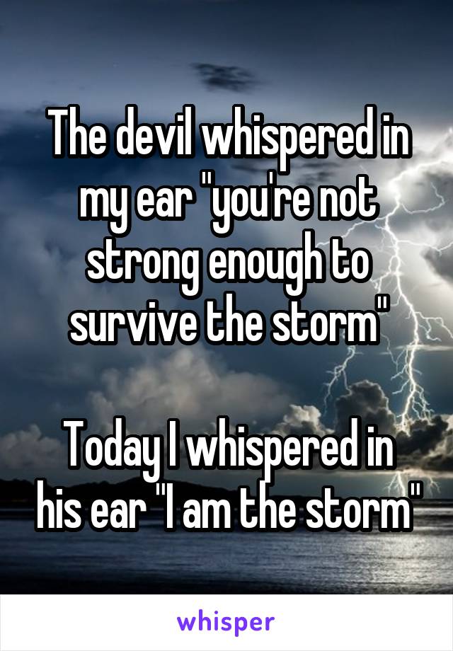 The devil whispered in my ear "you're not strong enough to survive the storm"
 
Today I whispered in his ear "I am the storm"