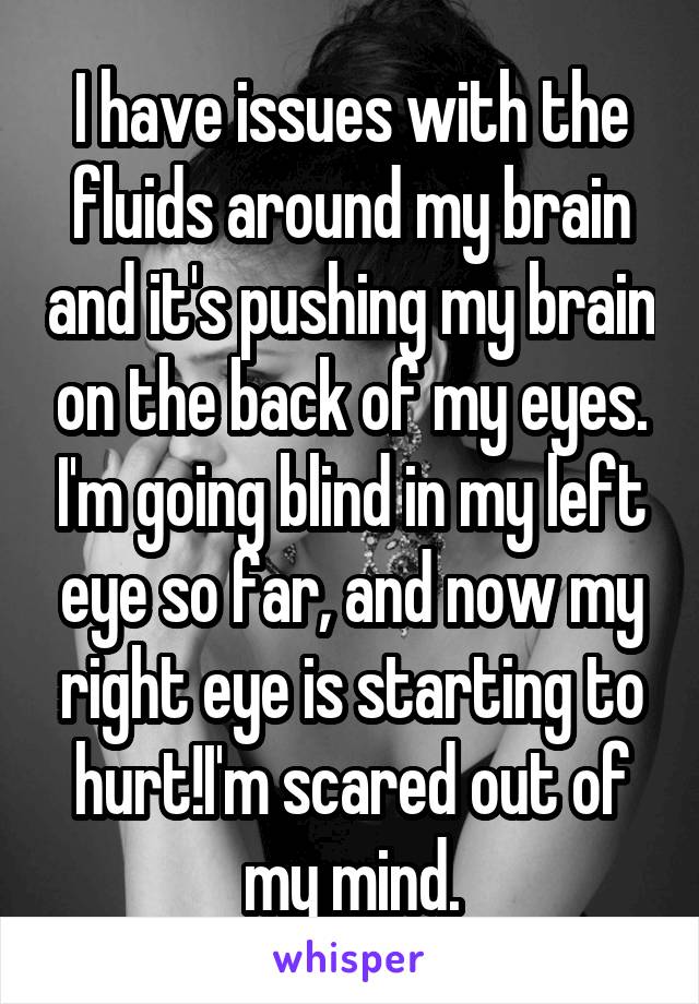 I have issues with the fluids around my brain and it's pushing my brain on the back of my eyes. I'm going blind in my left eye so far, and now my right eye is starting to hurt!I'm scared out of my mind.
