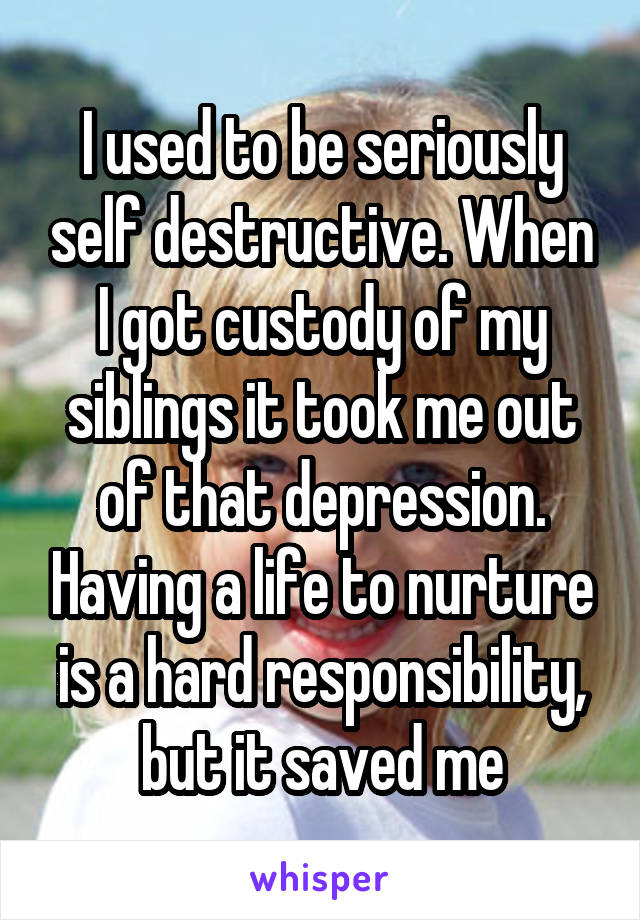 I used to be seriously self destructive. When I got custody of my siblings it took me out of that depression. Having a life to nurture is a hard responsibility, but it saved me