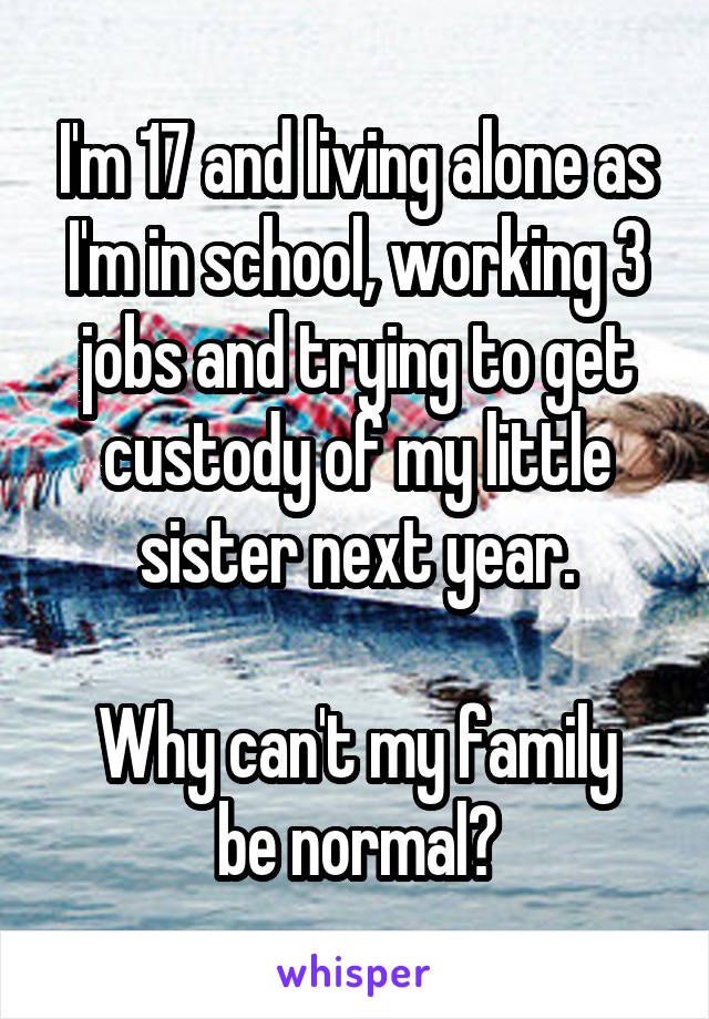 I'm 17 and living alone as I'm in school, working 3 jobs and trying to get custody of my little sister next year.

Why can't my family be normal?