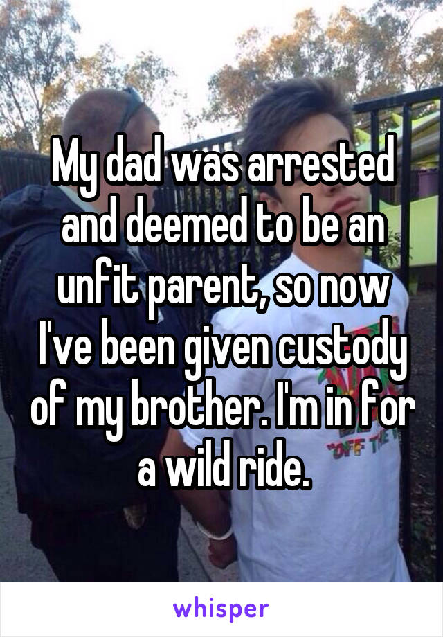 My dad was arrested and deemed to be an unfit parent, so now I've been given custody of my brother. I'm in for a wild ride.