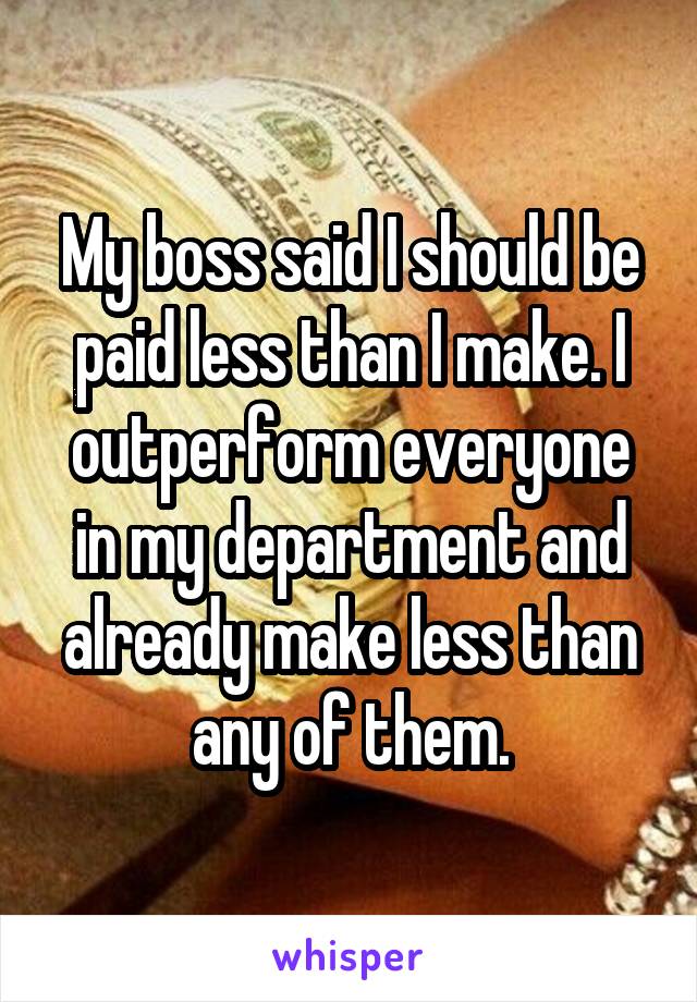 My boss said I should be paid less than I make. I outperform everyone in my department and already make less than any of them.