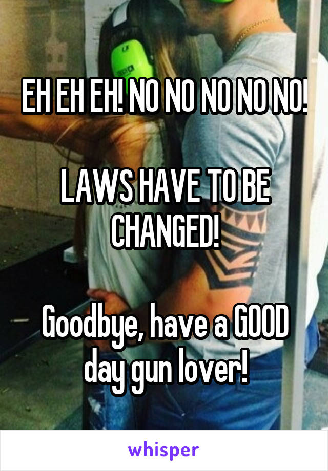 EH EH EH! NO NO NO NO NO!

LAWS HAVE TO BE CHANGED!

Goodbye, have a GOOD day gun lover!