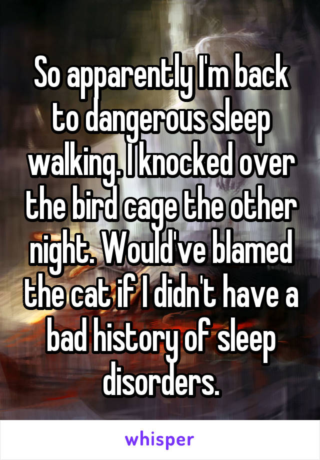 So apparently I'm back to dangerous sleep walking. I knocked over the bird cage the other night. Would've blamed the cat if I didn't have a bad history of sleep disorders.