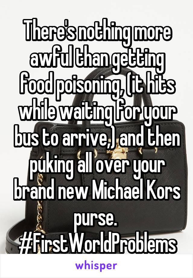 There's nothing more awful than getting food poisoning, (it hits while waiting for your bus to arrive,) and then puking all over your brand new Michael Kors purse. 
#FirstWorldProblems