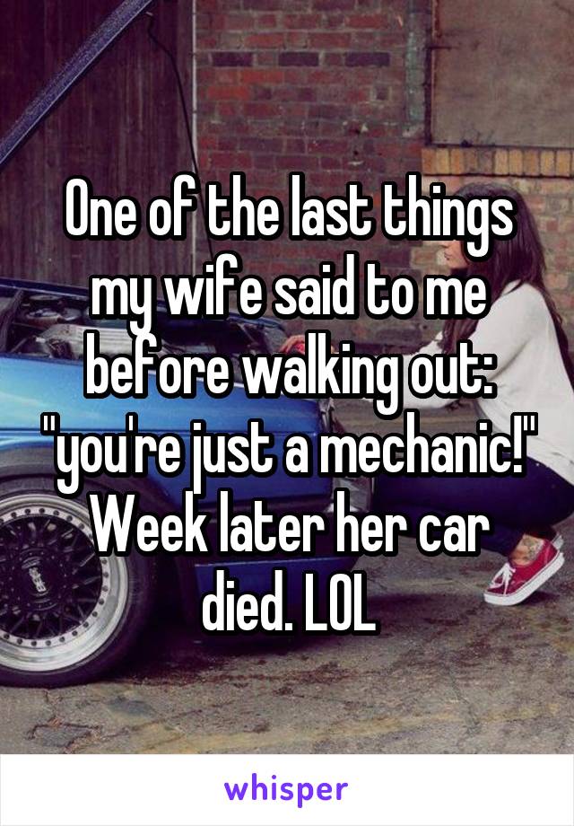 One of the last things my wife said to me before walking out: "you're just a mechanic!"
Week later her car died. LOL