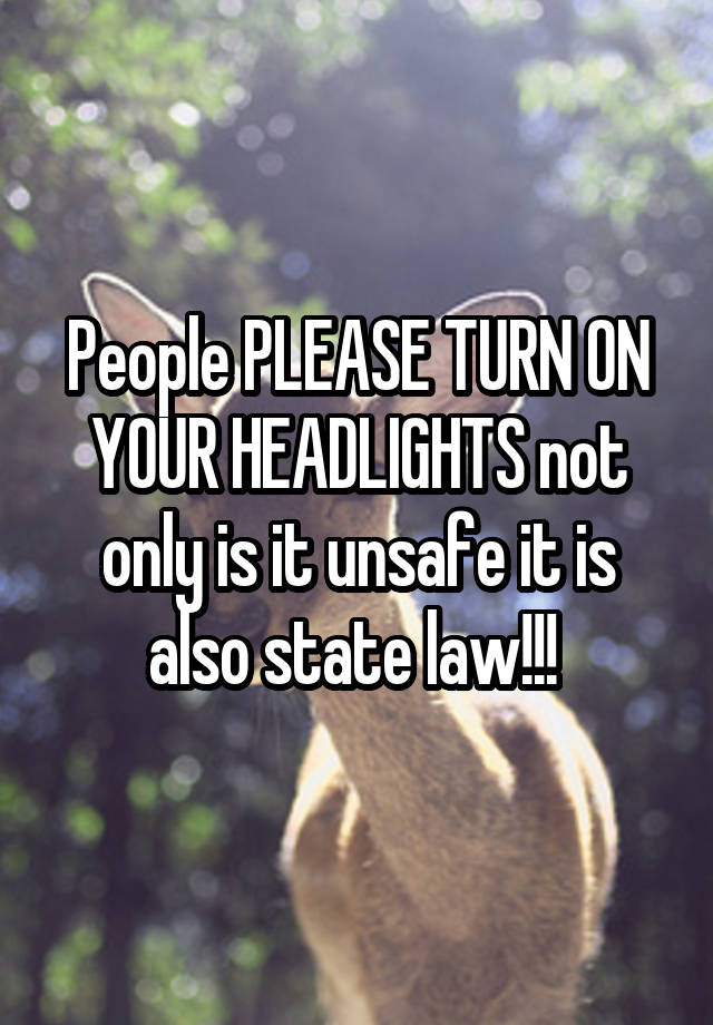 People PLEASE TURN ON YOUR HEADLIGHTS not only is it unsafe it is also state law!!! 