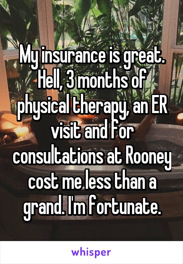 My insurance is great. Hell, 3 months of physical therapy, an ER visit and for consultations at Rooney cost me less than a grand. I'm fortunate.