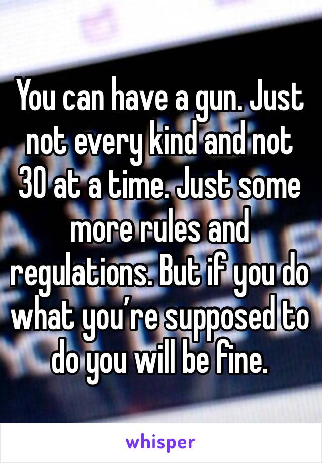 You can have a gun. Just not every kind and not 30 at a time. Just some more rules and regulations. But if you do what you’re supposed to do you will be fine. 