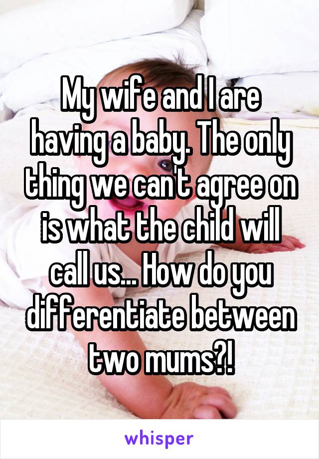 My wife and I are having a baby. The only thing we can't agree on is what the child will call us... How do you differentiate between two mums?!