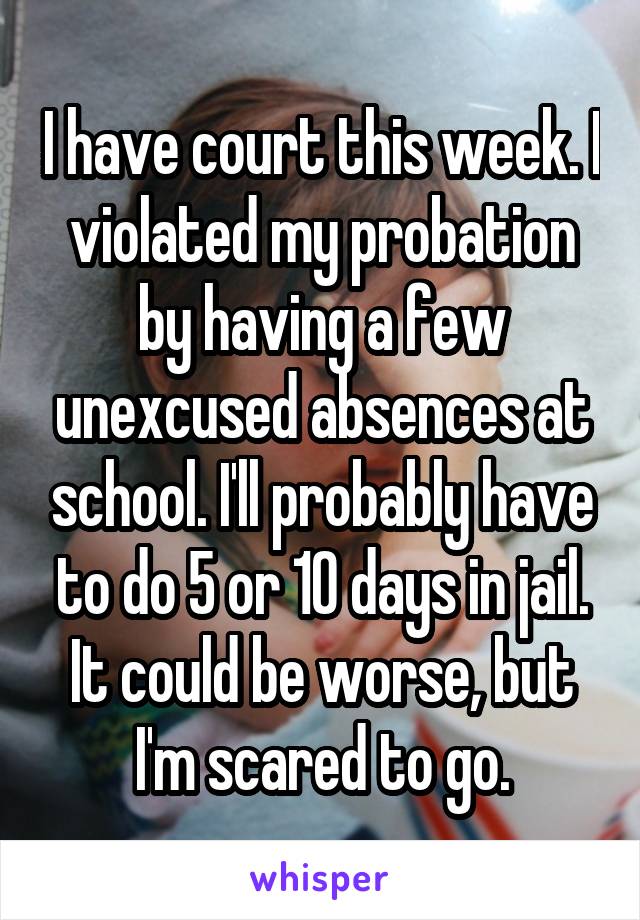 I have court this week. I violated my probation by having a few unexcused absences at school. I'll probably have to do 5 or 10 days in jail. It could be worse, but I'm scared to go.