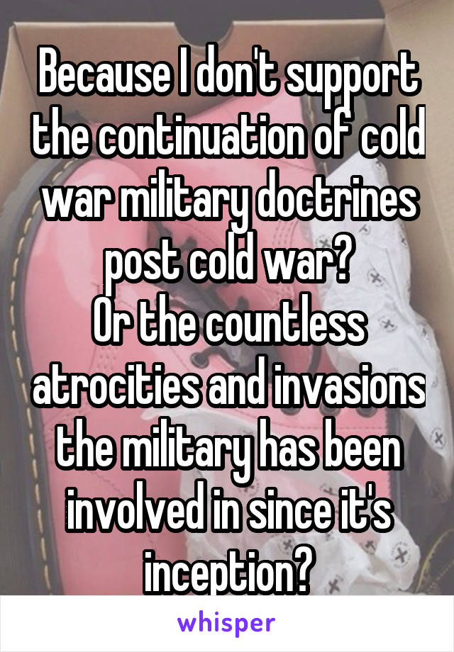 Because I don't support the continuation of cold war military doctrines post cold war?
Or the countless atrocities and invasions the military has been involved in since it's inception?