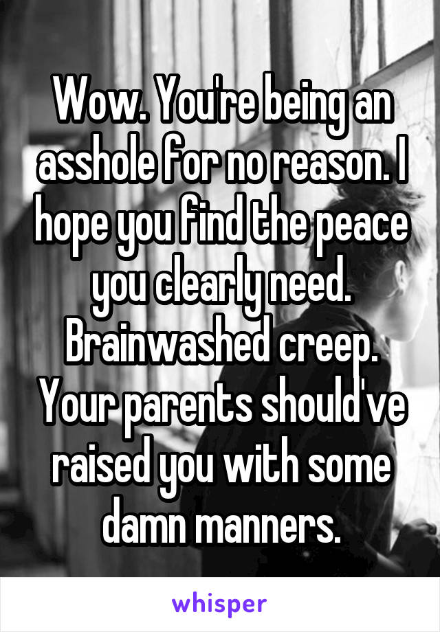 Wow. You're being an asshole for no reason. I hope you find the peace you clearly need. Brainwashed creep. Your parents should've raised you with some damn manners.