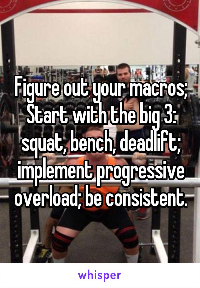 Figure out your macros; Start with the big 3: squat, bench, deadlift; implement progressive overload; be consistent.