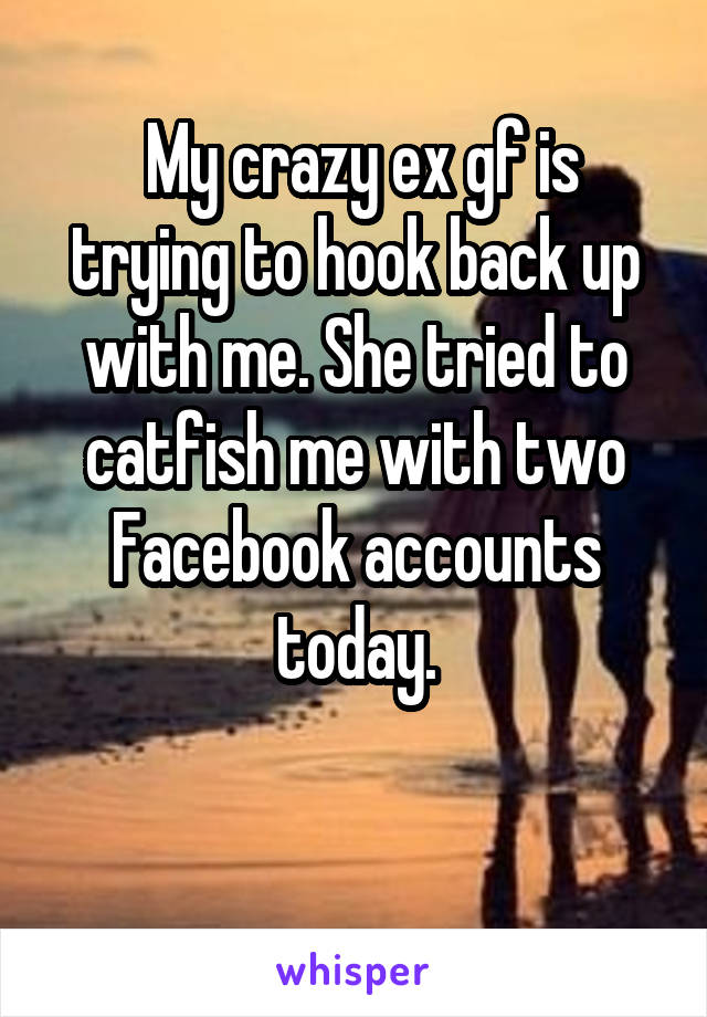  My crazy ex gf is trying to hook back up with me. She tried to catfish me with two Facebook accounts today.

