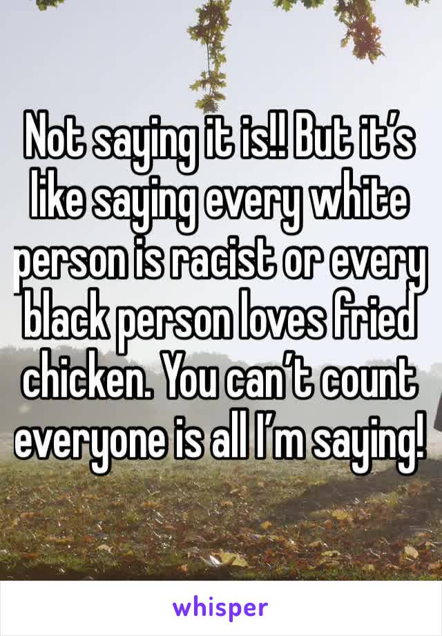 Not saying it is!! But it’s like saying every white person is racist or every black person loves fried chicken. You can’t count everyone is all I’m saying!