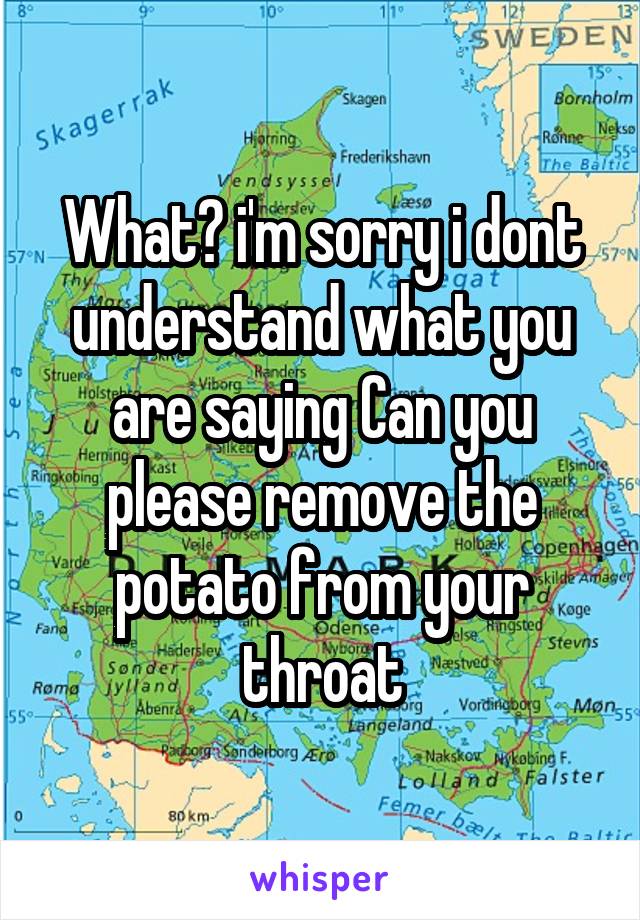 What? i'm sorry i dont understand what you are saying Can you please remove the potato from your throat