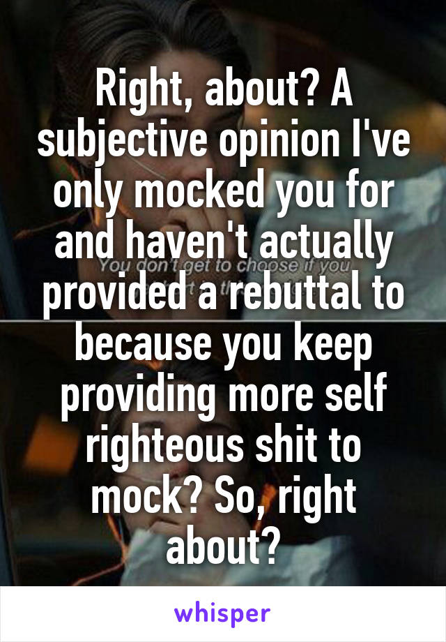 Right, about? A subjective opinion I've only mocked you for and haven't actually provided a rebuttal to because you keep providing more self righteous shit to mock? So, right about?