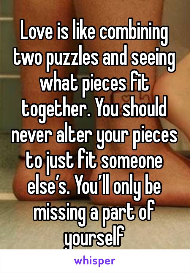Love is like combining two puzzles and seeing what pieces fit together. You should never alter your pieces to just fit someone else’s. You’ll only be missing a part of yourself  