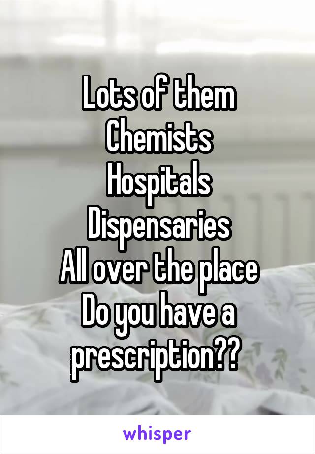 Lots of them
Chemists
Hospitals
Dispensaries
All over the place
Do you have a prescription?? 