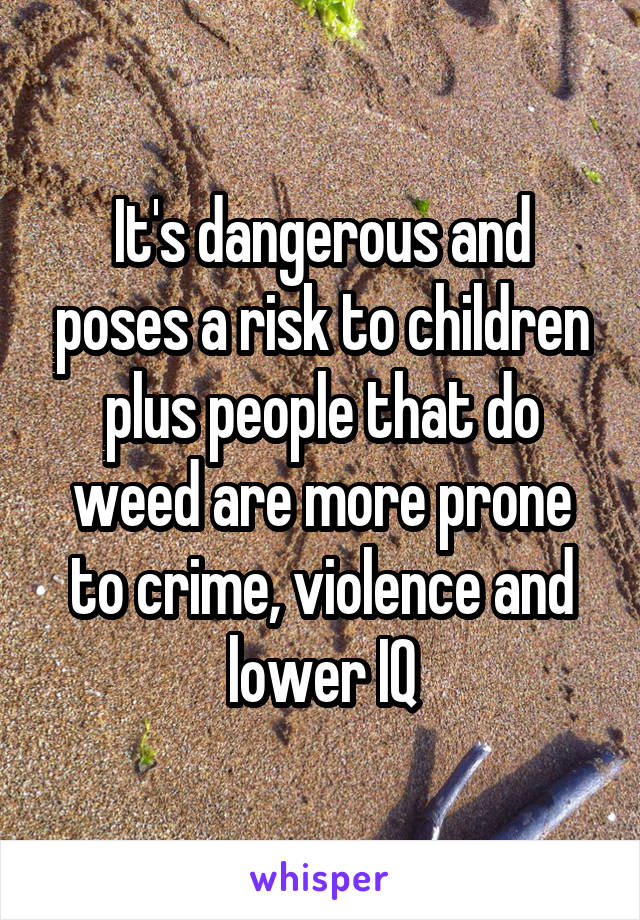 It's dangerous and poses a risk to children plus people that do weed are more prone to crime, violence and lower IQ