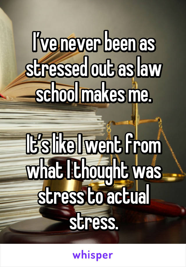 I’ve never been as stressed out as law school makes me.

It’s like I went from what I thought was stress to actual stress.