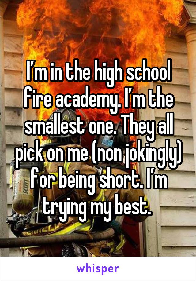 I’m in the high school fire academy. I’m the smallest one. They all pick on me (non jokingly) for being short. I’m trying my best. 
