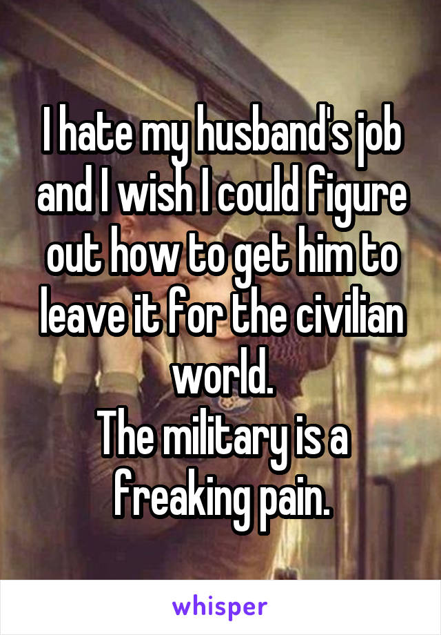 I hate my husband's job and I wish I could figure out how to get him to leave it for the civilian world.
The military is a freaking pain.