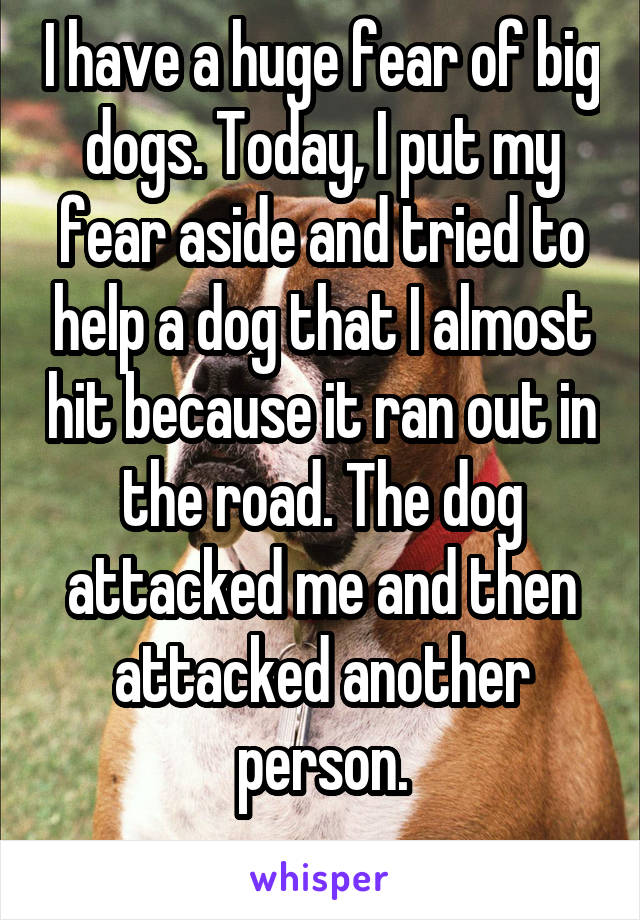 I have a huge fear of big dogs. Today, I put my fear aside and tried to help a dog that I almost hit because it ran out in the road. The dog attacked me and then attacked another person.
