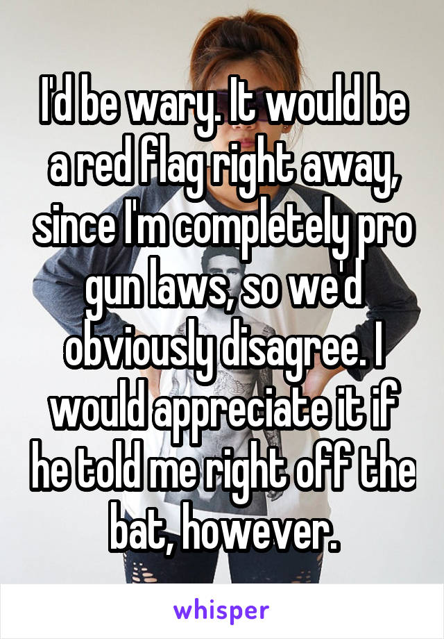 I'd be wary. It would be a red flag right away, since I'm completely pro gun laws, so we'd obviously disagree. I would appreciate it if he told me right off the bat, however.