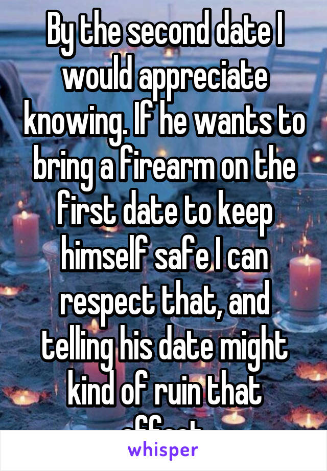 By the second date I would appreciate knowing. If he wants to bring a firearm on the first date to keep himself safe I can respect that, and telling his date might kind of ruin that effect.