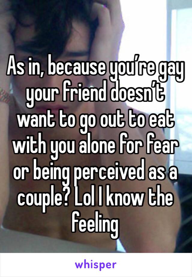 As in, because you’re gay your friend doesn’t want to go out to eat with you alone for fear or being perceived as a couple? Lol I know the feeling