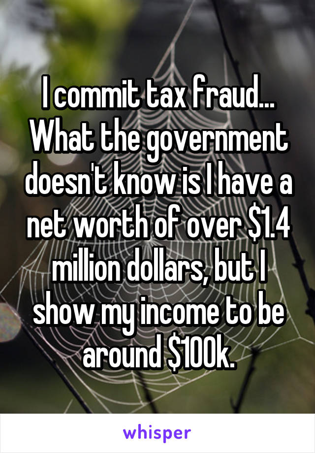 I commit tax fraud... What the government doesn't know is I have a net worth of over $1.4 million dollars, but I show my income to be around $100k.