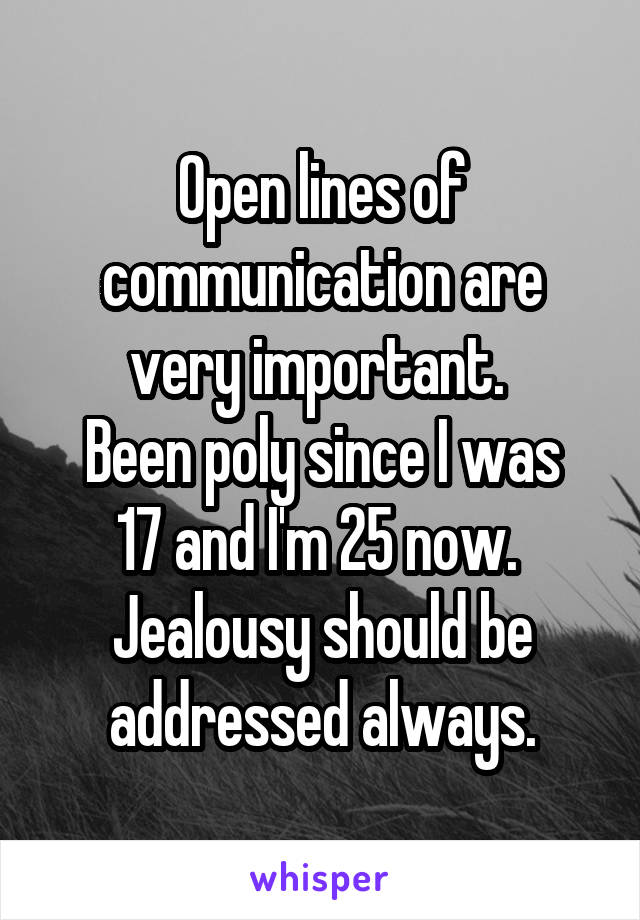Open lines of communication are very important. 
Been poly since I was 17 and I'm 25 now. 
Jealousy should be addressed always.