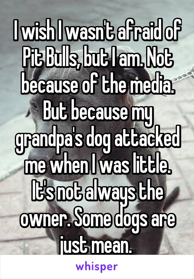I wish I wasn't afraid of Pit Bulls, but I am. Not because of the media. But because my grandpa's dog attacked me when I was little. It's not always the owner. Some dogs are just mean. 