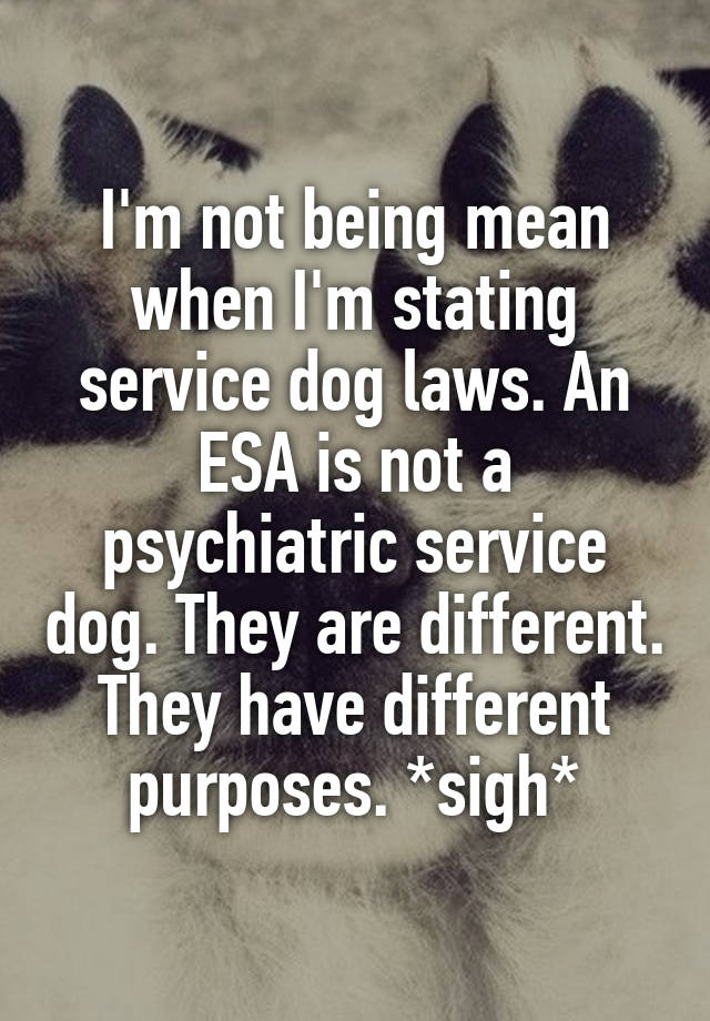 I'm not being mean when I'm stating service dog laws. An ESA is not a psychiatric service dog. They are different. They have different purposes. *sigh*