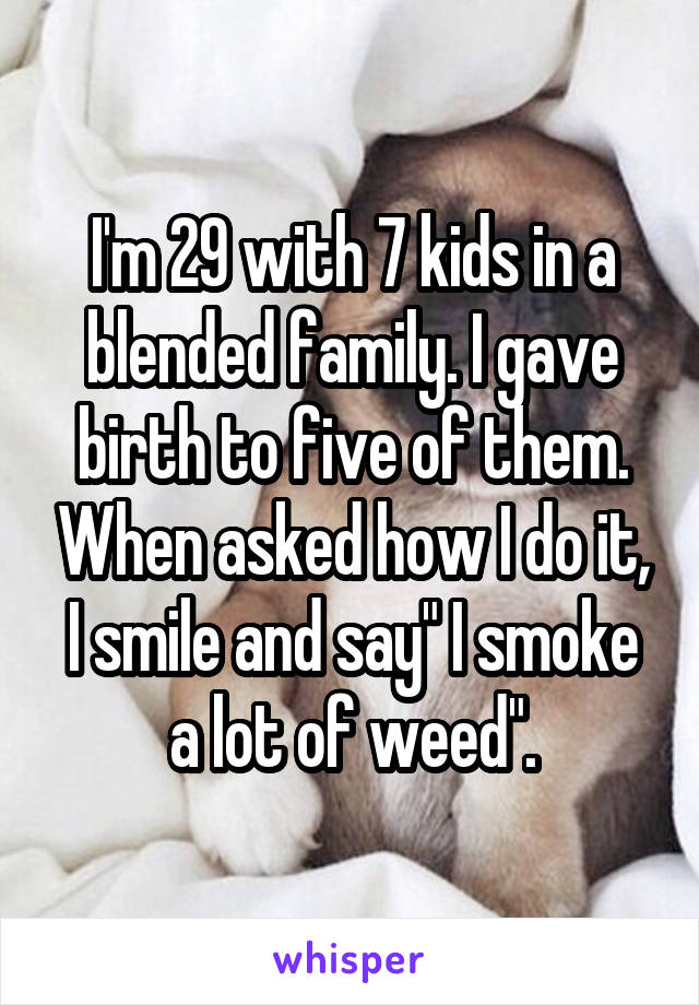 I'm 29 with 7 kids in a blended family. I gave birth to five of them. When asked how I do it, I smile and say" I smoke a lot of weed".