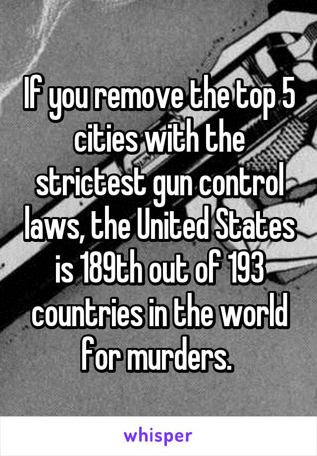 If you remove the top 5 cities with the strictest gun control laws, the United States is 189th out of 193 countries in the world for murders. 