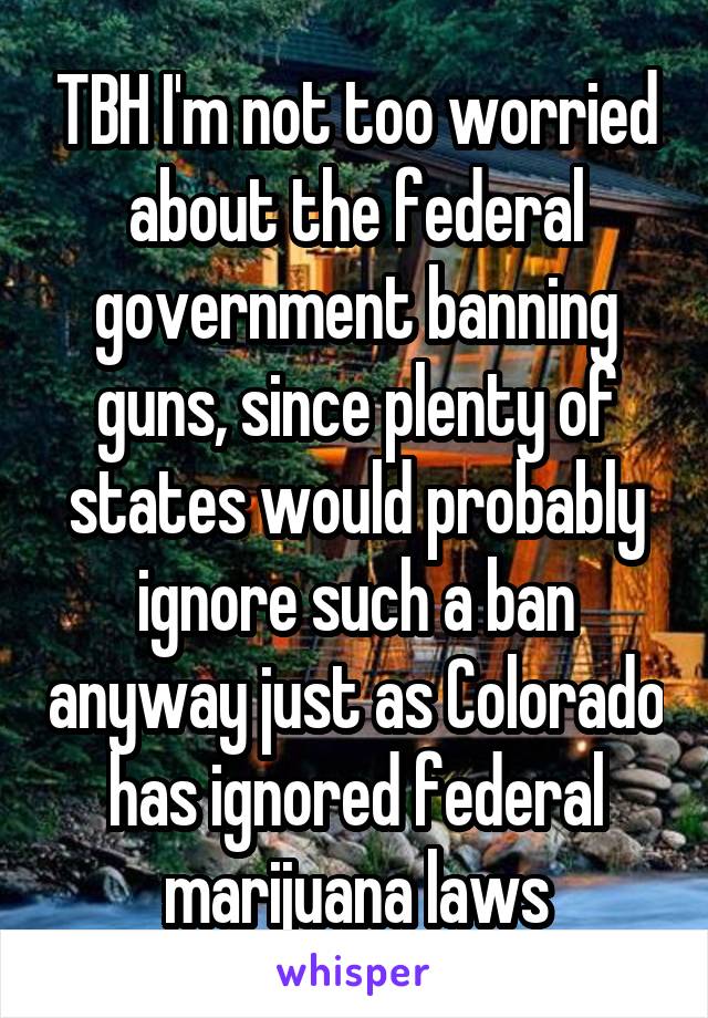 TBH I'm not too worried about the federal government banning guns, since plenty of states would probably ignore such a ban anyway just as Colorado has ignored federal marijuana laws