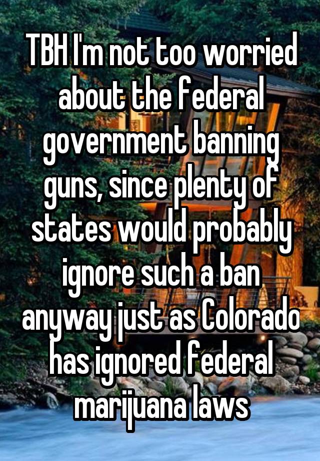 TBH I'm not too worried about the federal government banning guns, since plenty of states would probably ignore such a ban anyway just as Colorado has ignored federal marijuana laws