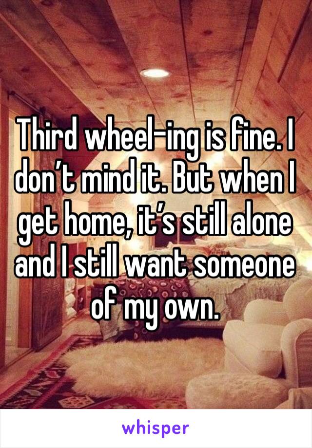 Third wheel-ing is fine. I don’t mind it. But when I get home, it’s still alone and I still want someone of my own. 