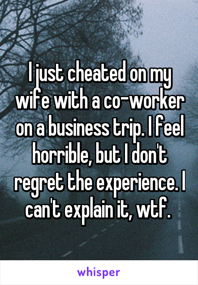 I just cheated on my wife with a co-worker on a business trip. I feel horrible, but I don't regret the experience. I can't explain it, wtf. 