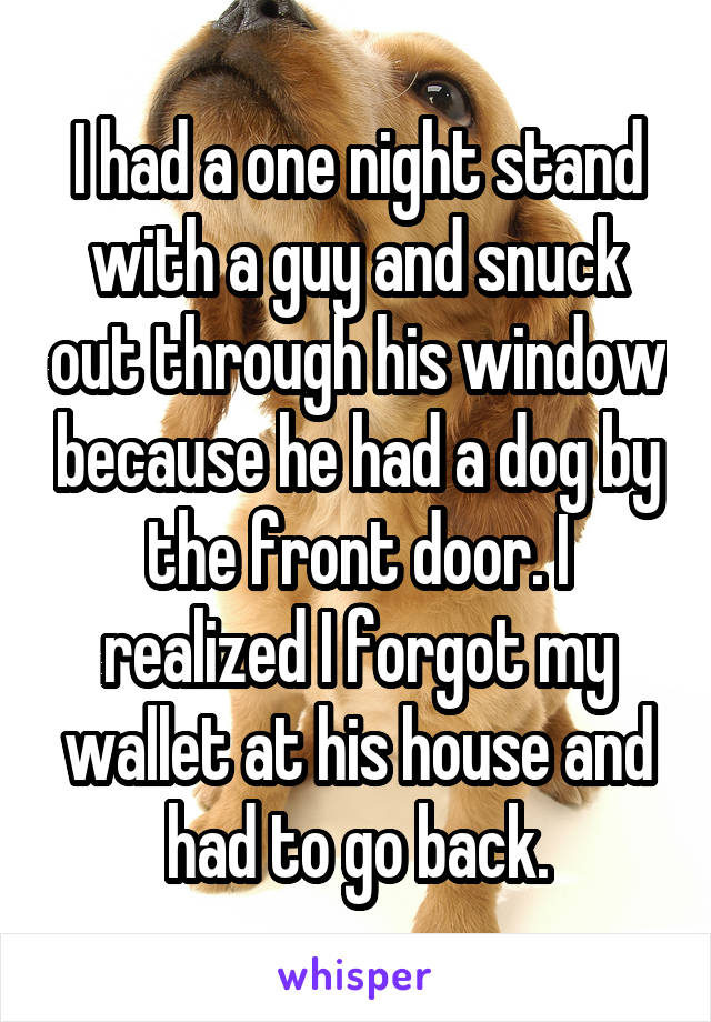 I had a one night stand with a guy and snuck out through his window because he had a dog by the front door. I realized I forgot my wallet at his house and had to go back.