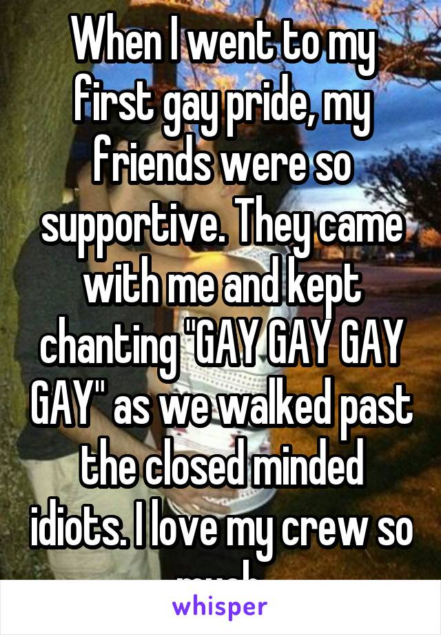 When I went to my first gay pride, my friends were so supportive. They came with me and kept chanting "GAY GAY GAY GAY" as we walked past the closed minded idiots. I love my crew so much.