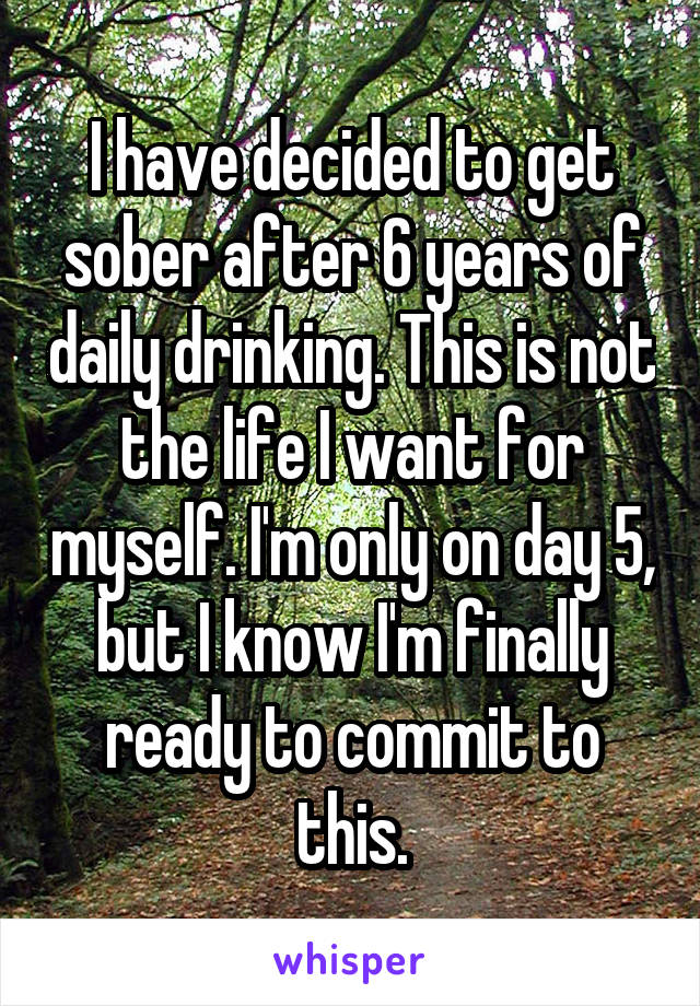 I have decided to get sober after 6 years of daily drinking. This is not the life I want for myself. I'm only on day 5, but I know I'm finally ready to commit to this.