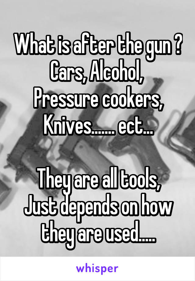 What is after the gun ?
Cars, Alcohol, 
Pressure cookers,
Knives....... ect...

They are all tools,
Just depends on how they are used.....