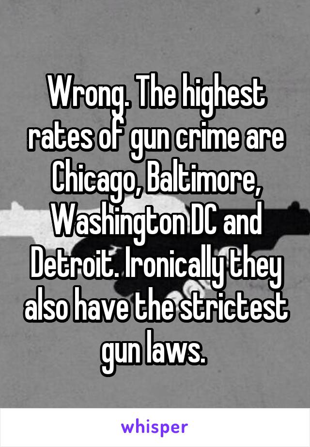 Wrong. The highest rates of gun crime are Chicago, Baltimore, Washington DC and Detroit. Ironically they also have the strictest gun laws. 