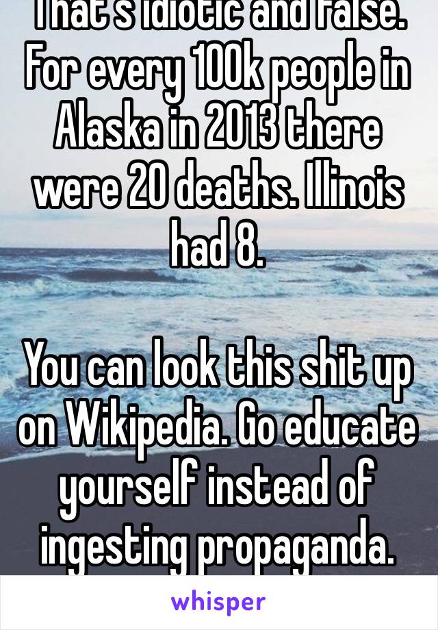 That’s idiotic and false. For every 100k people in Alaska in 2013 there were 20 deaths. Illinois had 8.

You can look this shit up on Wikipedia. Go educate yourself instead of ingesting propaganda.