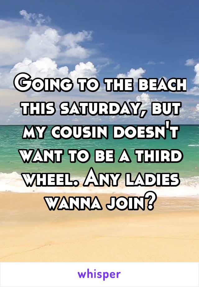 Going to the beach this saturday, but my cousin doesn't want to be a third wheel. Any ladies wanna join?