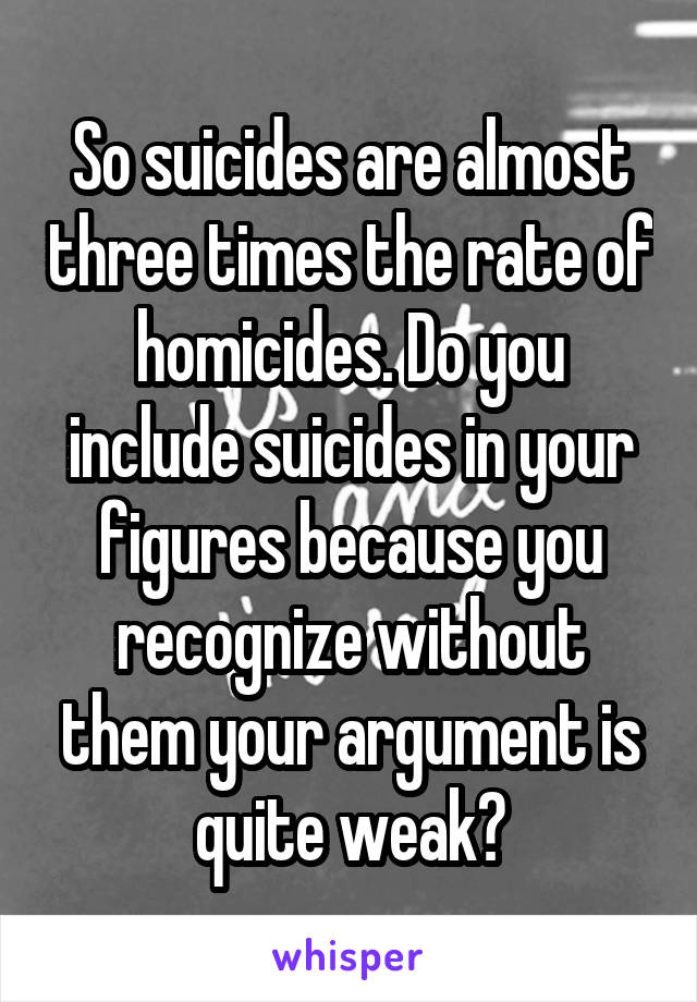 So suicides are almost three times the rate of homicides. Do you include suicides in your figures because you recognize without them your argument is quite weak?